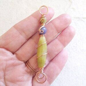 Sage Green & Purple Scepter Wand Pendant ~ Semi-Precious Stone Beads + Copper